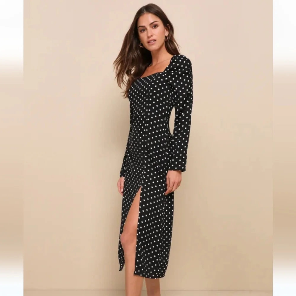 Lulu's Charmed and Classy Black Polka Dot Long Sleeve Midi Dress - Picture 2 of 3